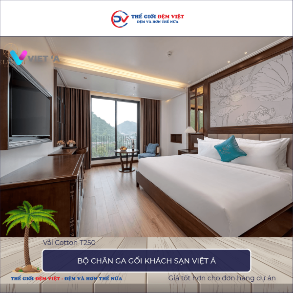 Bộ chăn ga gối khách sạn Việt Á vải Cotton T250 trắng trơn 6